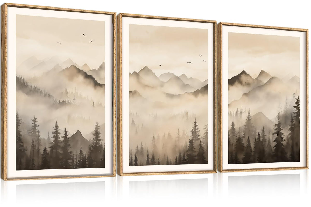Neutral Misty Mountain Forest Framed Canvas Wall Art (Misty Forest Wall Art / 24"L x 36"W)