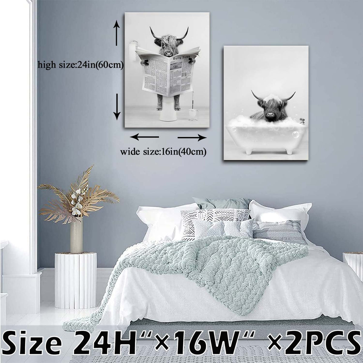 Funny Highland Cow Bathroom Wall Art Farmhouse Animal Canvas Prints Decor (cow wall art / 24"L x 16"W)