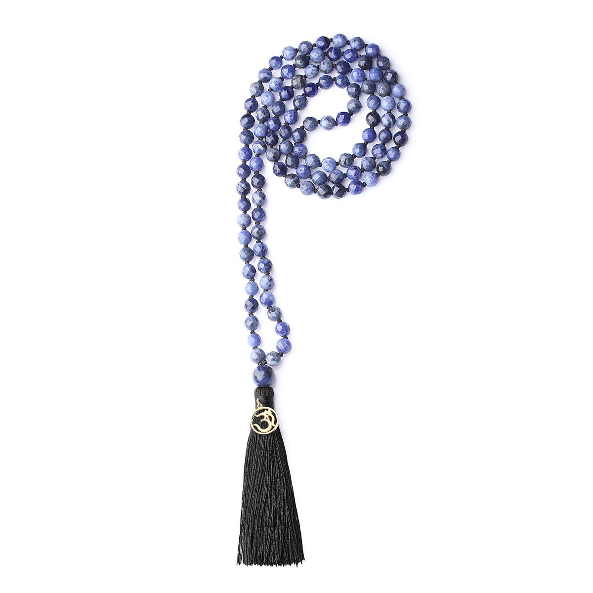 OM Charm Hand Knotted Tassel Sodalite Stone 108 Mala Beads Necklace 8mm (8mm / Faceted Sodalite)