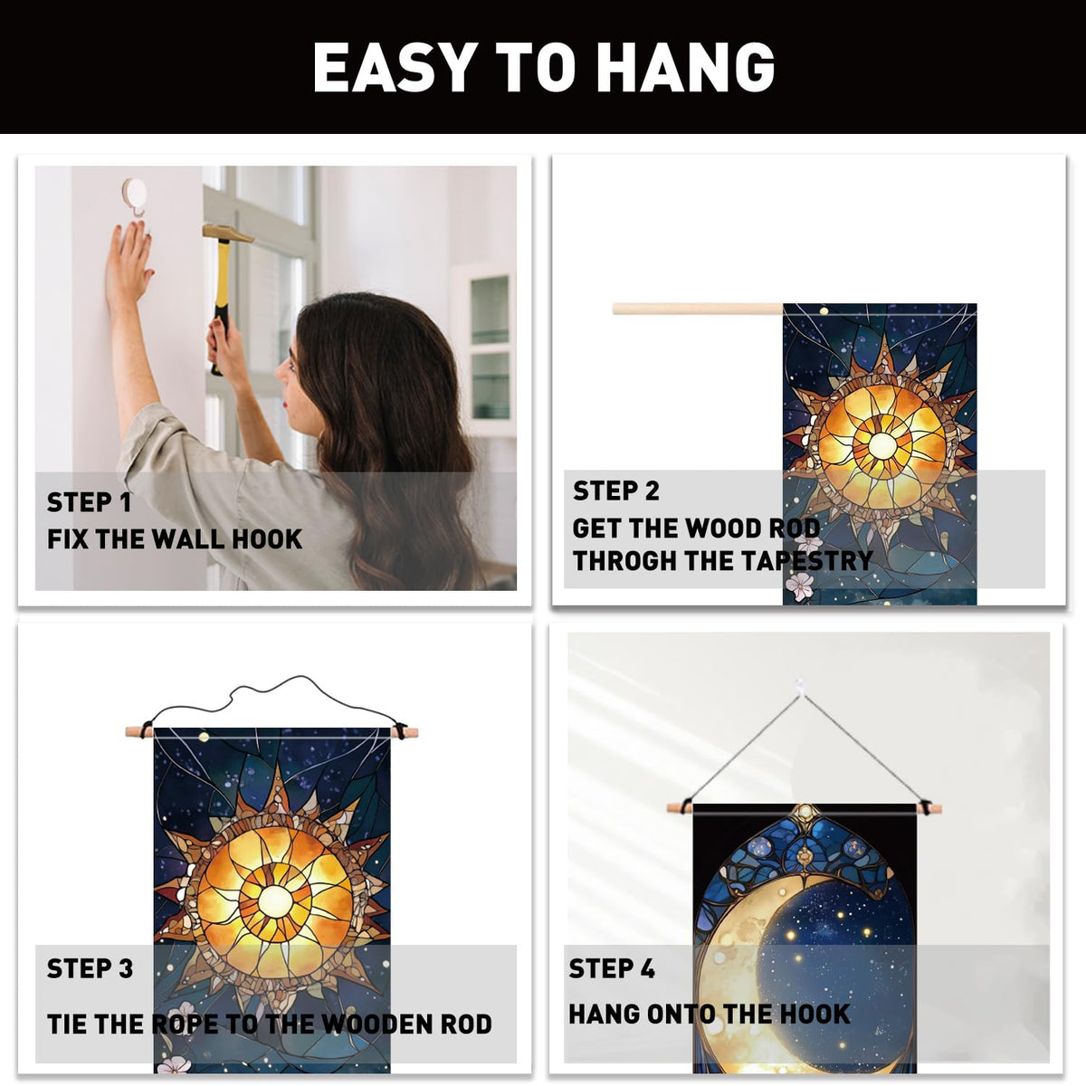 2 Pack Sun Moon Tapestry with Tassels (blue,yellow)