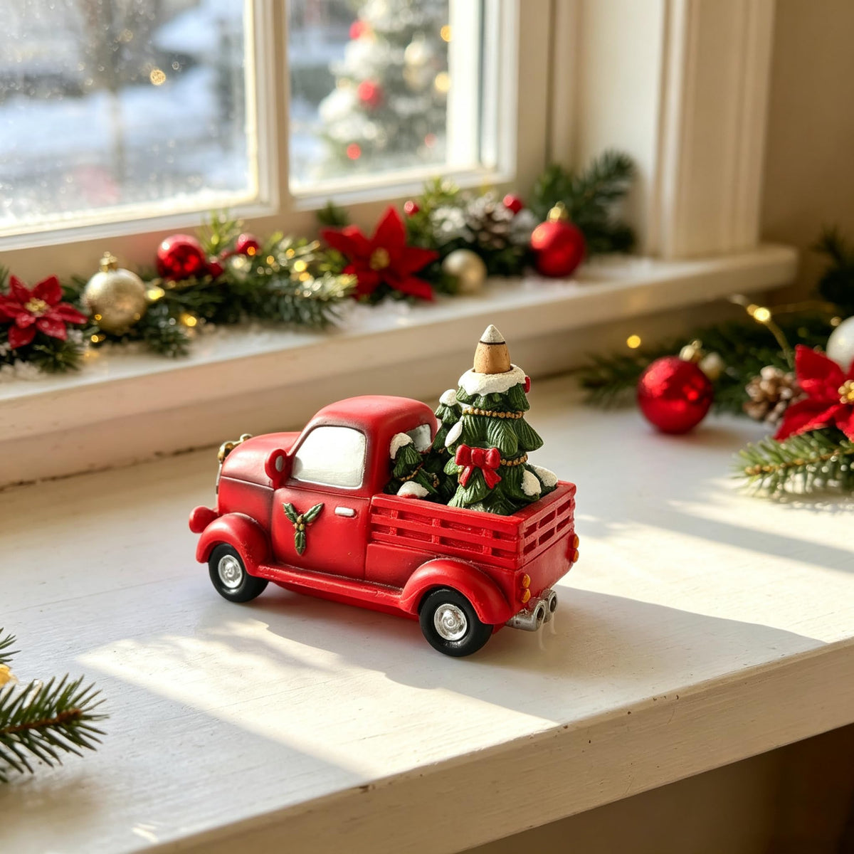 Resin Backflow Incense Cone Holder Christmas Truck Décor Statue (Red Truck)