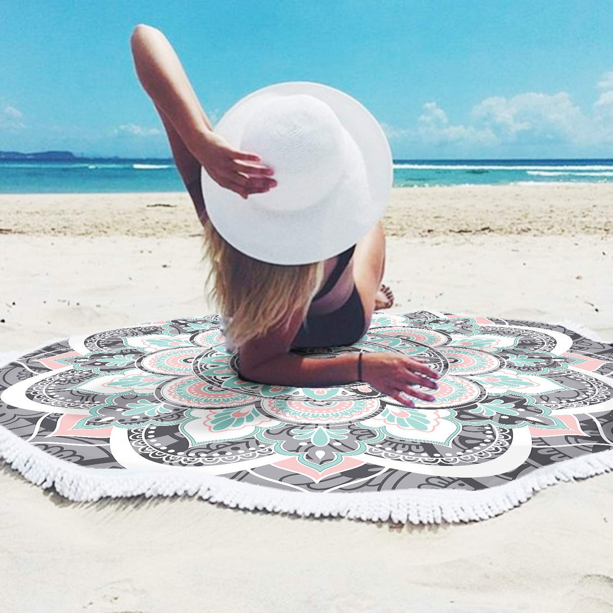 Mandala Round Boho Beach Towel Blanket (Grey & Pink Mandala Beach Towel)