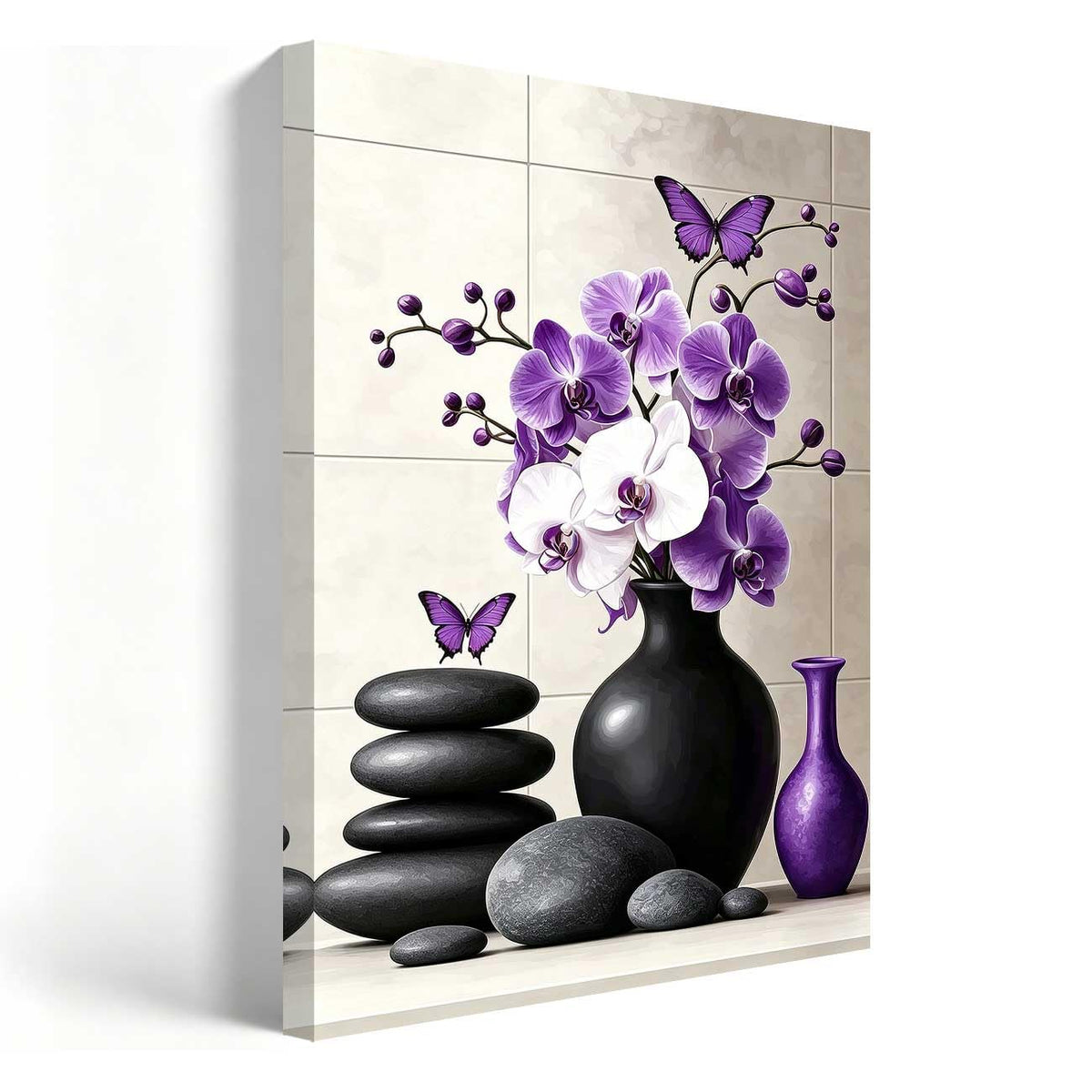 Orchid Flower Canvas Wall Art Zen Bathroom Pictures Prints Spa Stone Butterfly Wall Decor Black White Yoga Meditation Paintings for Living Room Bedroom (Purple / 42"L x 28"W)
