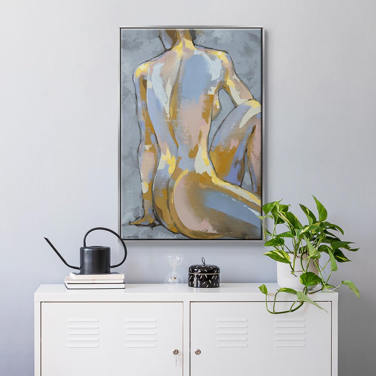 Canvas Glam Wall Art Home Paintings & Prints Elegant Lady Posing Portrait Abstract Silver Floater Frame Decorations for Office Kitchen Living Room (37"L x 25"W / Grey Maiden II)