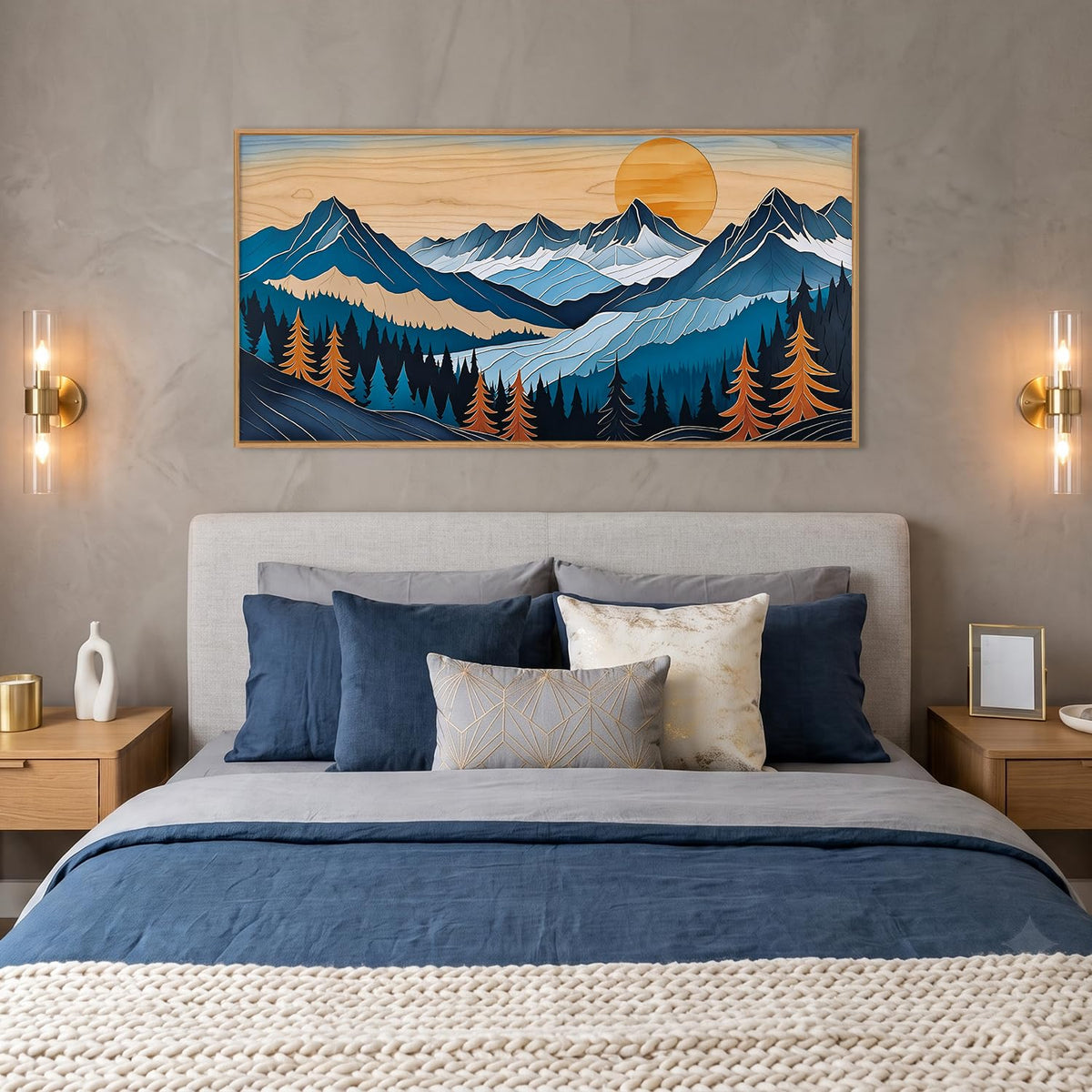 Boho Vintage Mountain Framed Canvas Wall Art Set (Blue Woodcut Mountain Wall Art / 40"L x 20"W)
