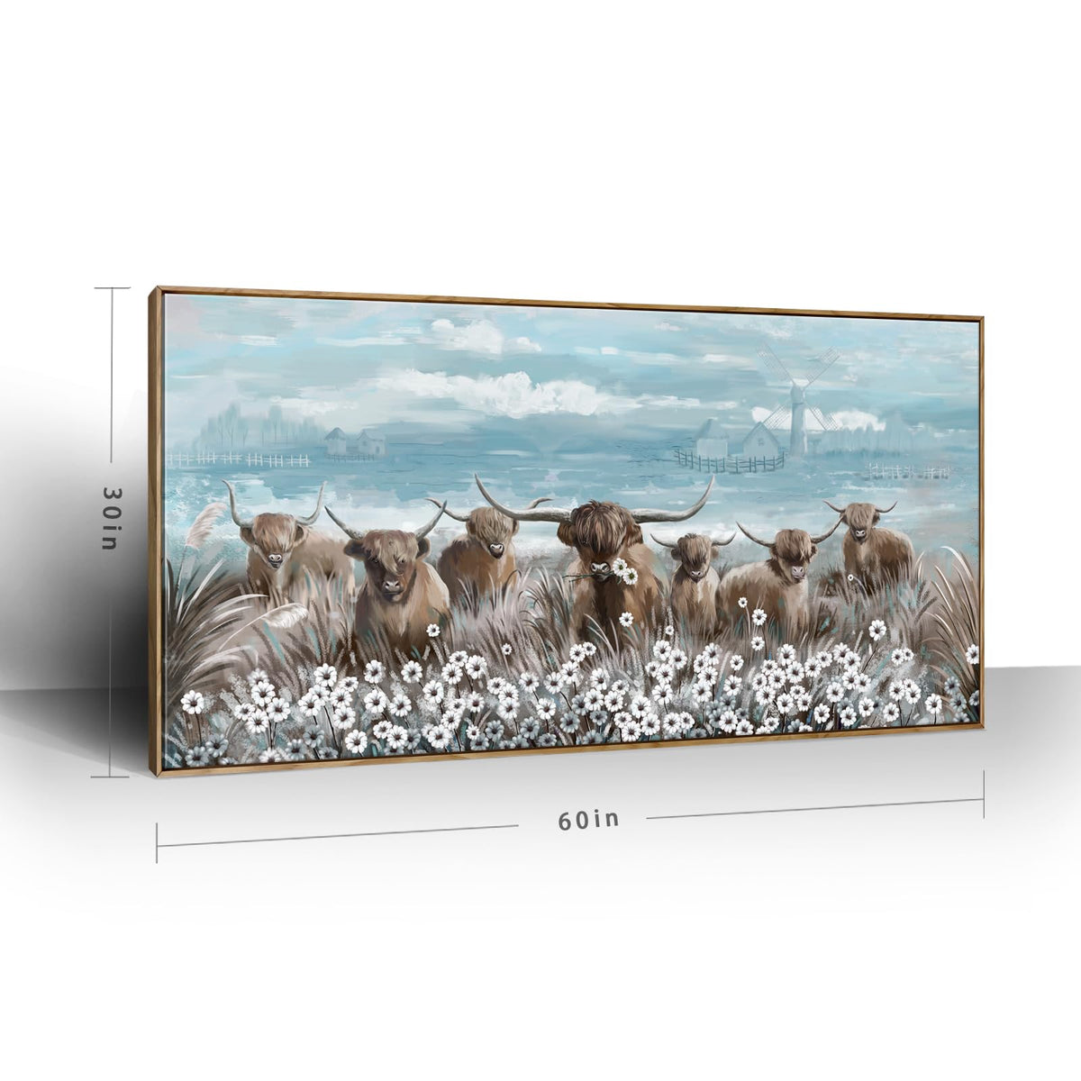 Extra Large Framed Wall Art for Living Room Big Boho Farmhouse Highland Cow Canvas Artwork Flower and Animal Picture Rustic Coastal Blue and Brown Decor for Office Bedroom Kitchen (Highland Cow Wall Art / 58"L x 29"W)