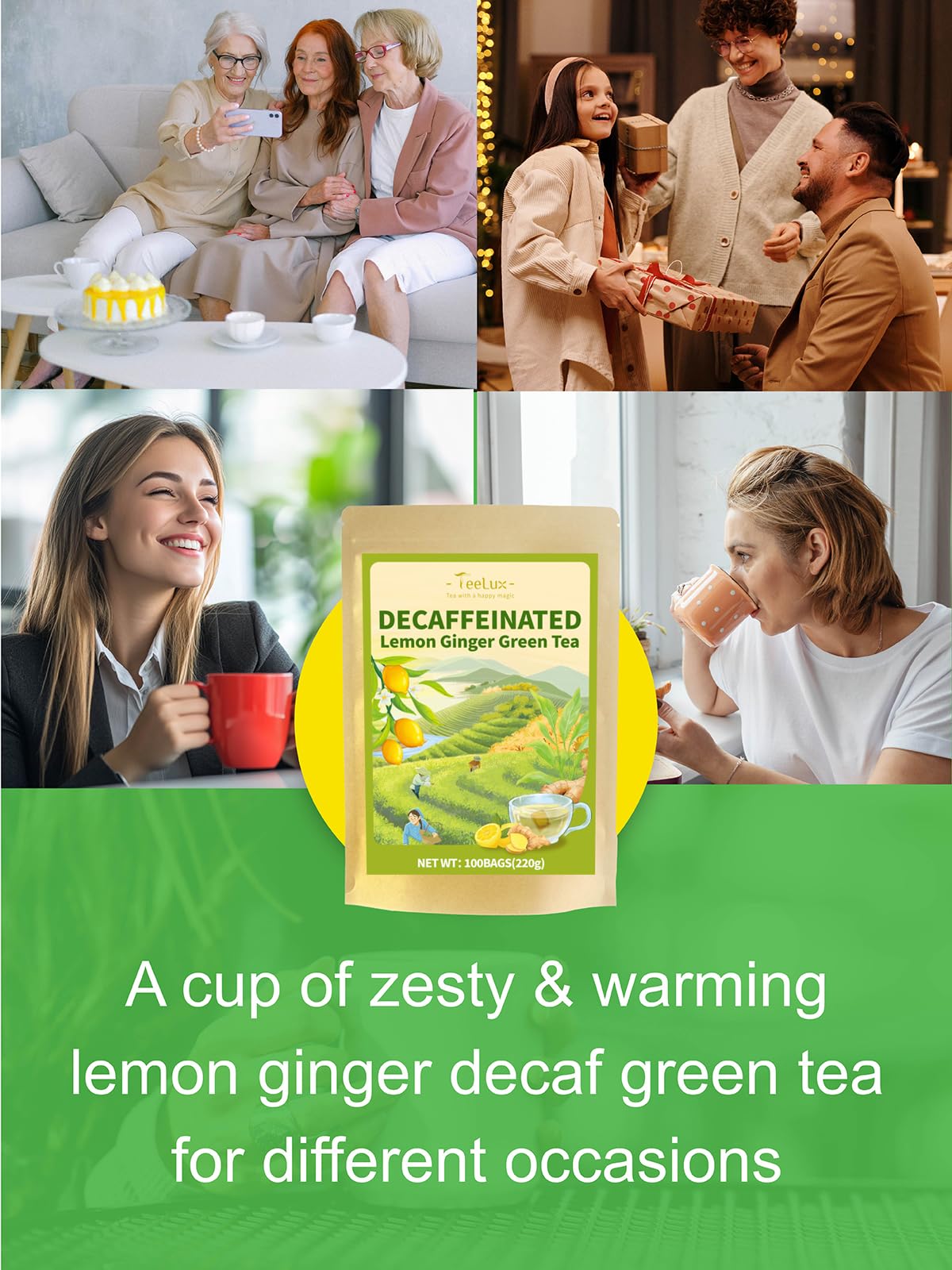 Decaf Lemon Ginger Green Tea Bags (100 Count (Pack of 1))