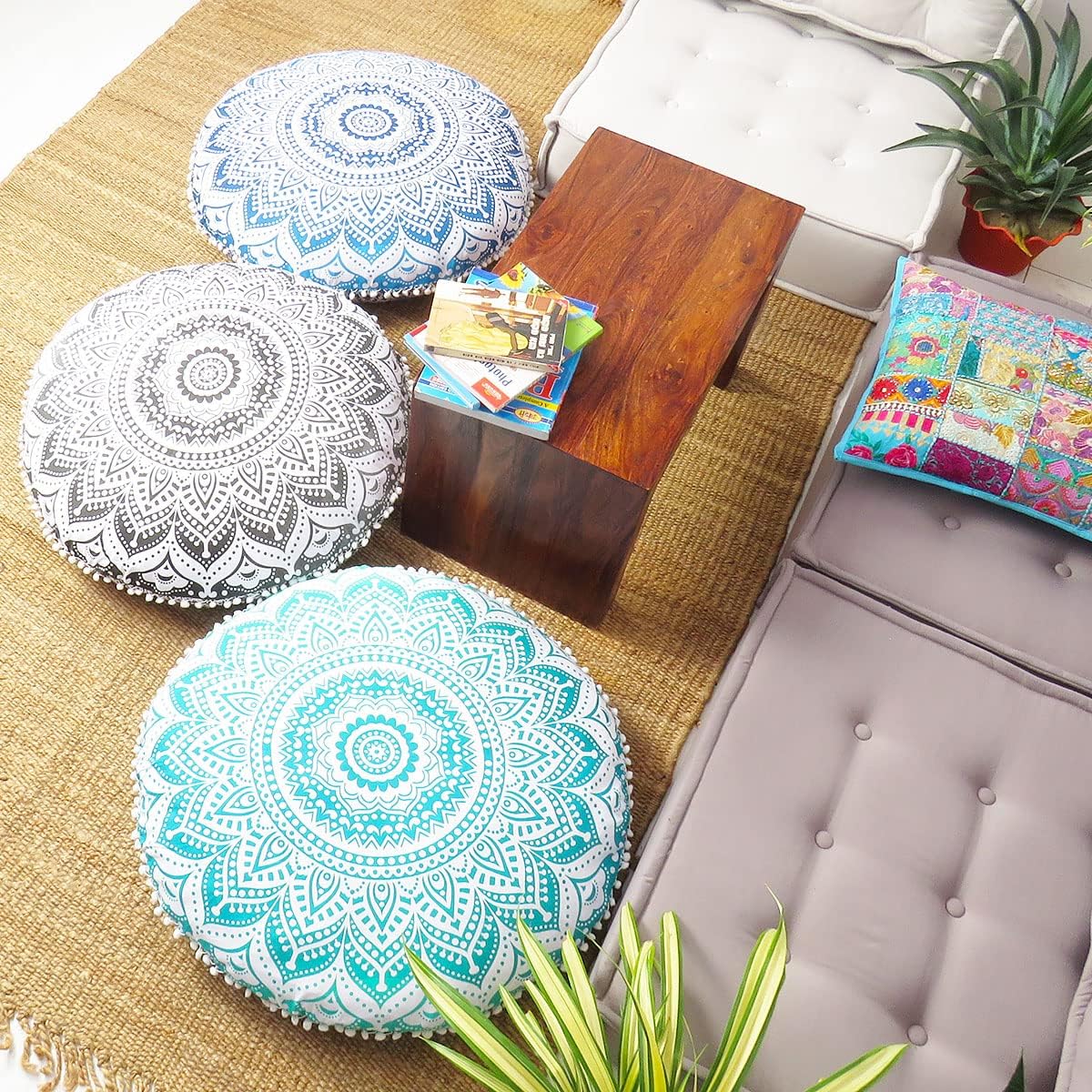 Mandala Floor Pillow Cover Meditation Cushion Seating Throw Hippie Round Colorful Decorative Bohemian Indian Pouf Ottoman Handmade Cover ONLY (32" x 32" (Pack of 1) / Ombre Green Round)