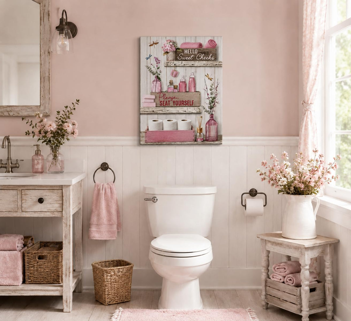 Pink Bathroom Canvas Wall Art 16x24Inches (Pink Canvas / 24"L x 16"W)