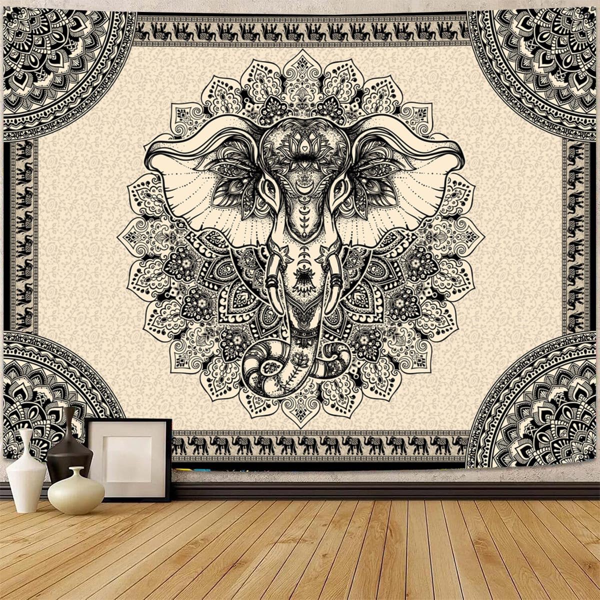 Elephant Wall Tapestry (Black & Light gold / 59"L x 51"W)