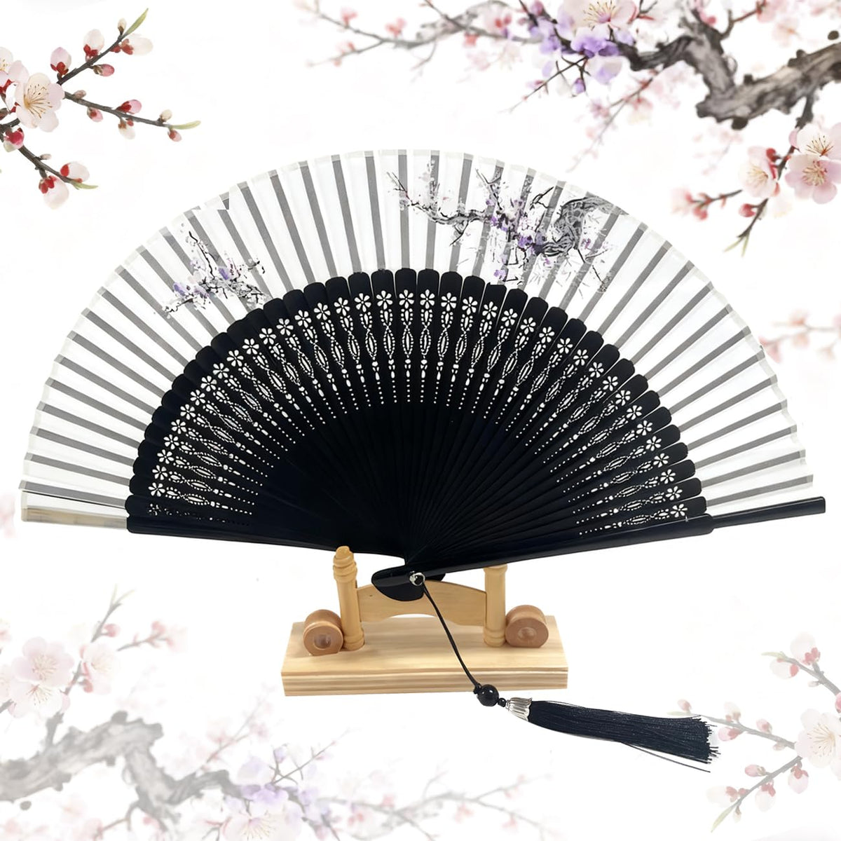 Hand Fan for Vintage Japanese Bamboo Silk Elegant for Dance Music Festival Wedding Church Decoration Party (Grey / Medium)