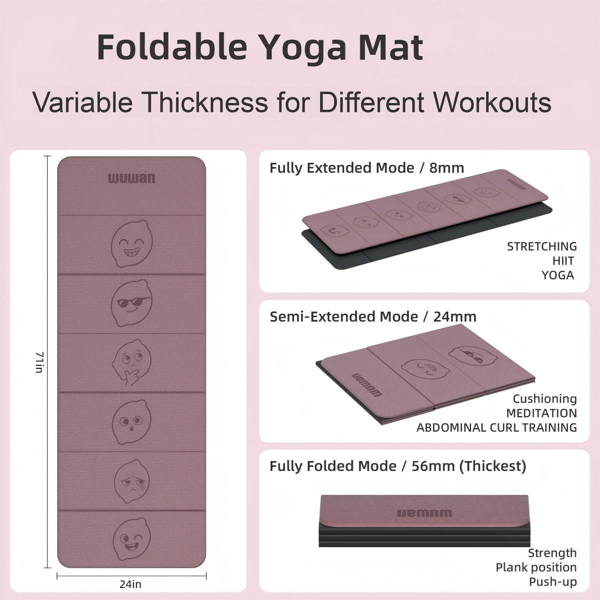 TPE Yoga Mat Foldable 8mm Thick Light Non (Deep pink&black)