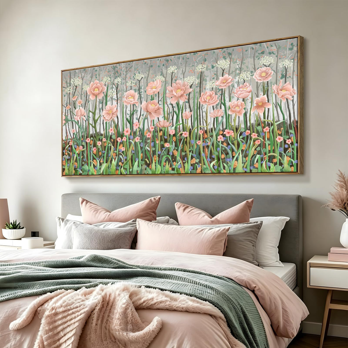 Extra Large Framed Country Modern Natural Landscape Wall Art For Living Room (Pink Green Wall Art / 58"L x 29"W(Framed))