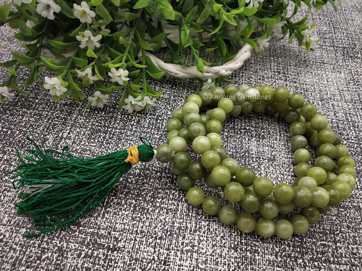 Green Jade Buddhist Prayer Beads Japa Mala with 108 Meditation Beads (Without Knots / Green Jade)
