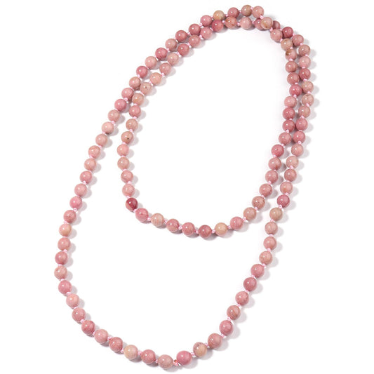 108 Mala Beaded Long Necklace Hand Knotted for Women (Rhodonite)