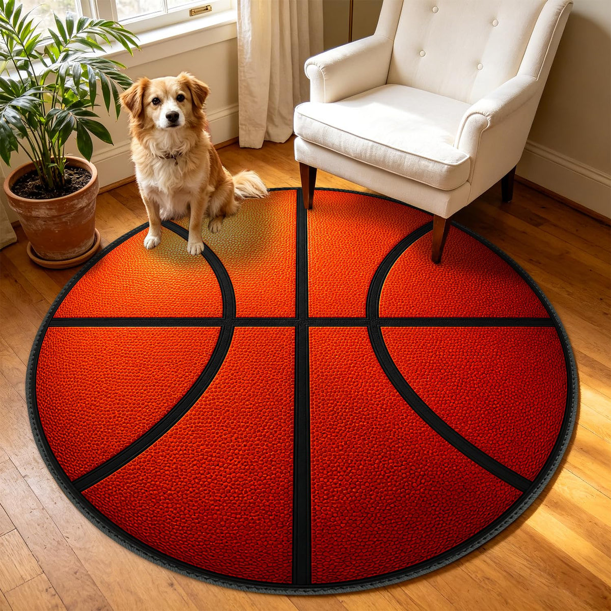 Basketball Round Rug 4ft Realistic Orange Basketball Leather Texture Circle Area Rug Washable Circular Floor Carpet Mat for B oys Bedroom (88 / 4' (Round))