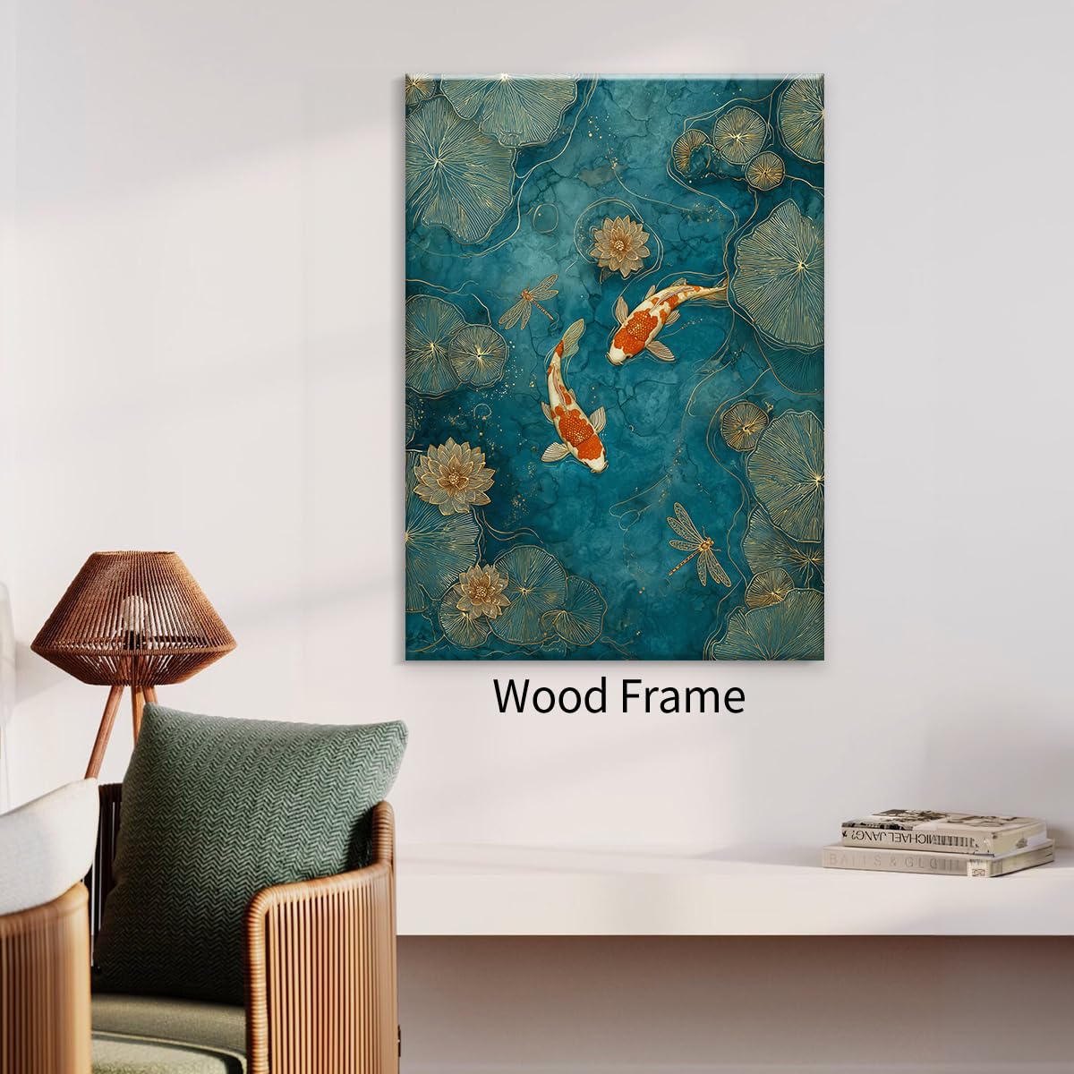 Japanese Koi Fish Zen Framed Canvas Wall Art Traditional Oriental Asian Prints 24x36 inch Elegant Emerald Green Pond Koi Fish Posters for Office Home Bedroom Meditation Yoga Spa Room Decor (Wrapped Canvas / Japanese Posters / 36"L x 24"W)