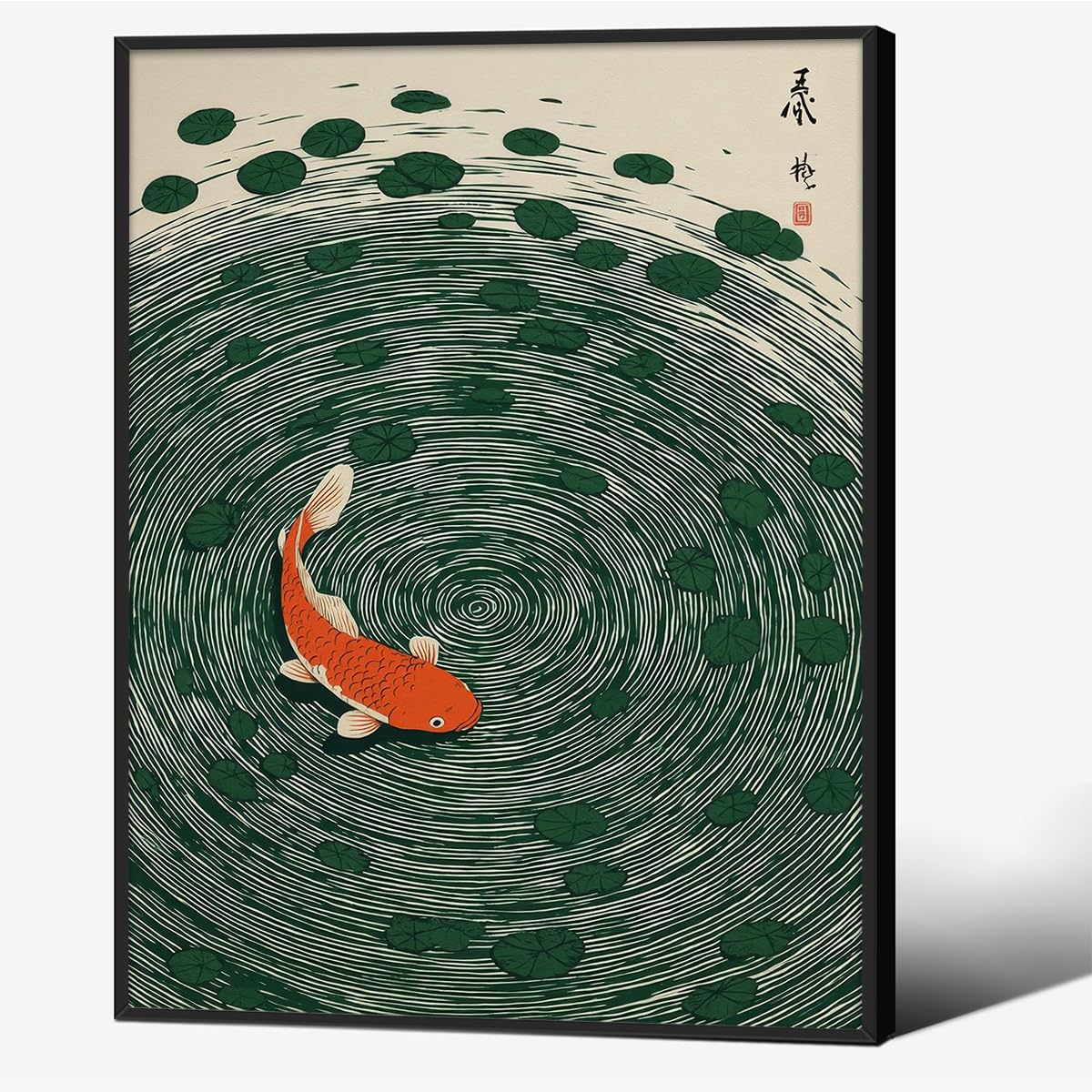 Japanese Koi Fish Black Framed Poster Oriental Asian Lucky Carp Canvas Wall Art 16x20 inch Retro Japan Room Aesthetic Print Minimal Green Painting for Zen Water Living Room Office Decor Ready to hang (Black Framed / Japanese Koi Fish / 20"L x 16"W)