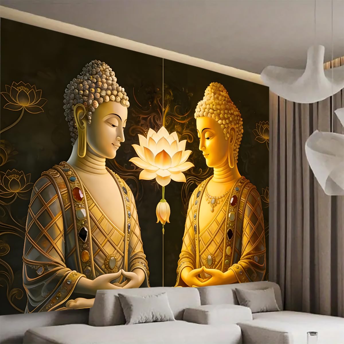 Vintage Sitting Buddha Tapestry Buddha's Light Wall Hanging Buddhist Statue Tapestries Lotus Meditation Wall Decor Psychedelic Indian Zen Art for Bedroom Living Room Home Decor (Golden / 59"L x 51"W)