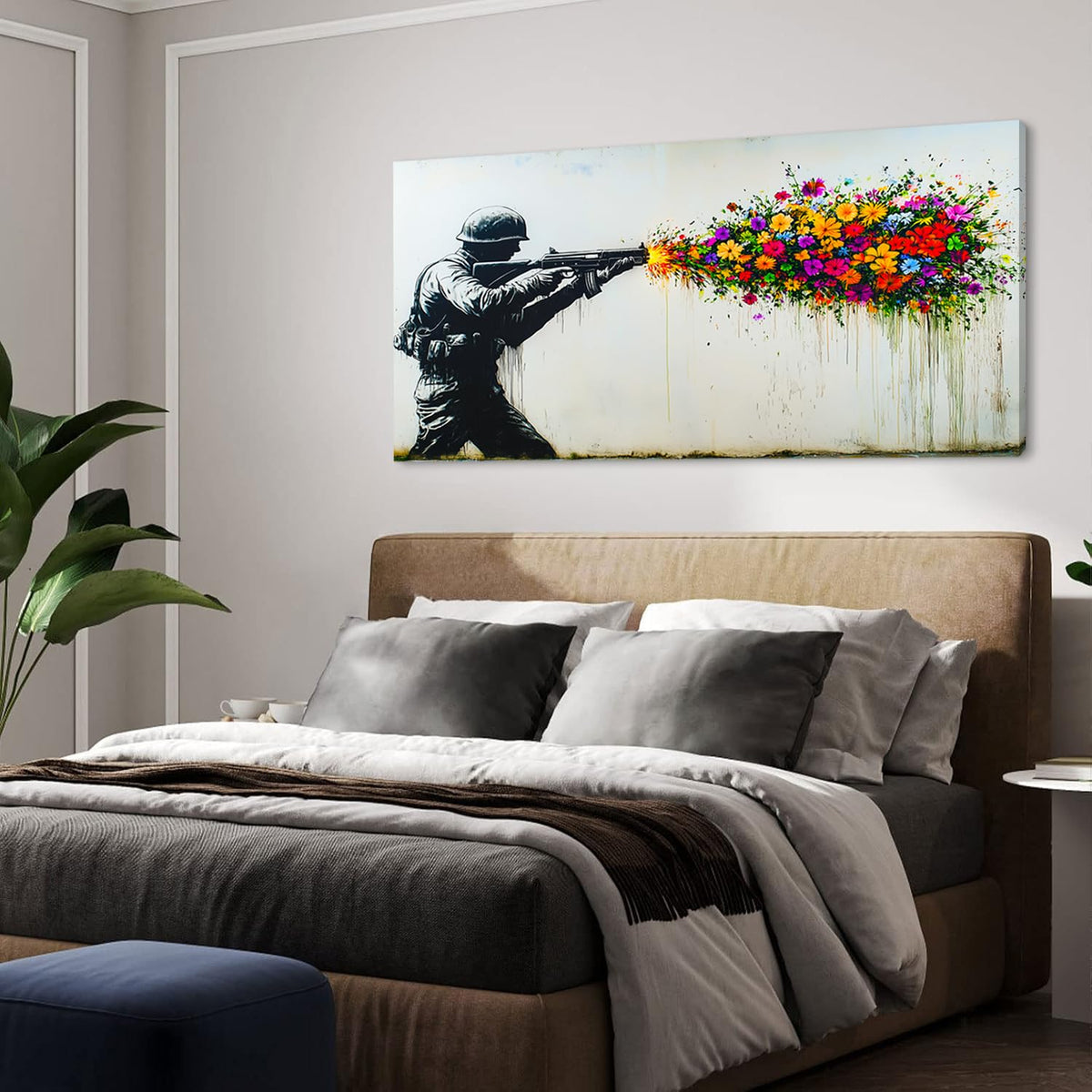 Black Soldier with Colorful Flower Wall Art for Living Room Office Peaceful Urban Contemporary Painting Prints Banksy Style Canvas Artwork Dining Bedroom Decor Large (Contemporary / Colorful Soldier Flower Wall Art / 46"L x 23"W)