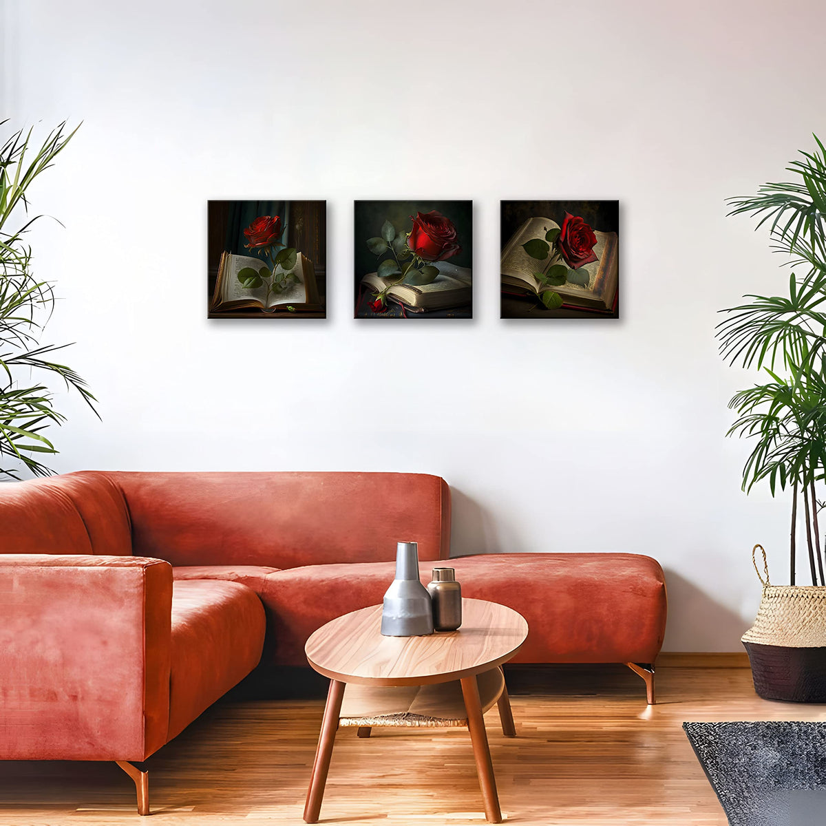 Vintage Red Wall Decor for Living Room Green Leaf Retro Wall Art Red Rose on Books Pictures Bedroom Decor Kitchen Home Decorations 16x16 3 Pcs (16 x 16 inches (3-Piece Set) / Vintage Rose)