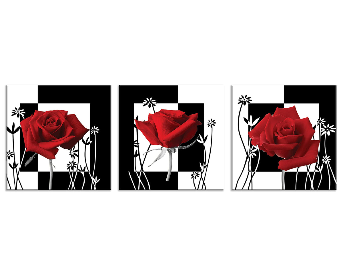 Canvas Print 3 Pcs Black and White Red Rose Canvas Art Painting Abstract Wall Art Decorations Flower Picture on Canvas for Home Decor Stretched and Framed (16 x 16 inches (3-Piece Set) / rose2)