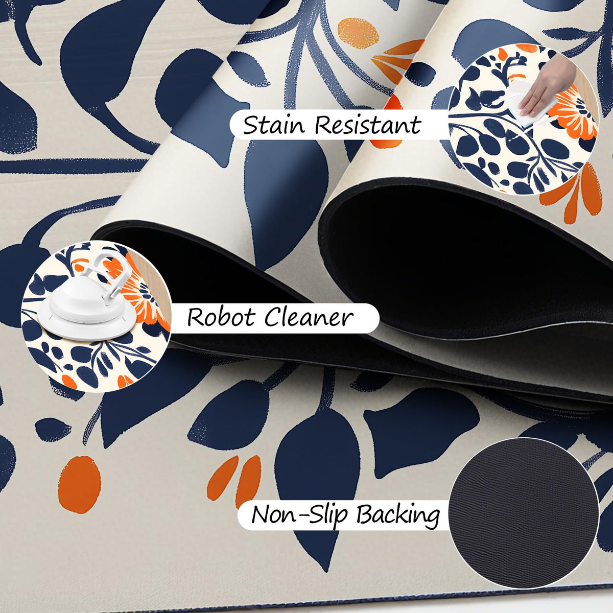 Orange & Navy Floral Laundry Room Rug 20x47 Inch (#85)
