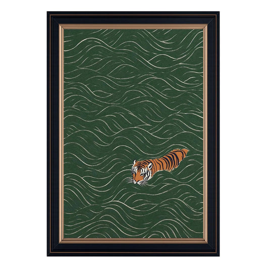 Framed Japanese Tiger Swimming Wall Art Ukiyo (24"L x 36"W / Style-3 Retro Black Frame)