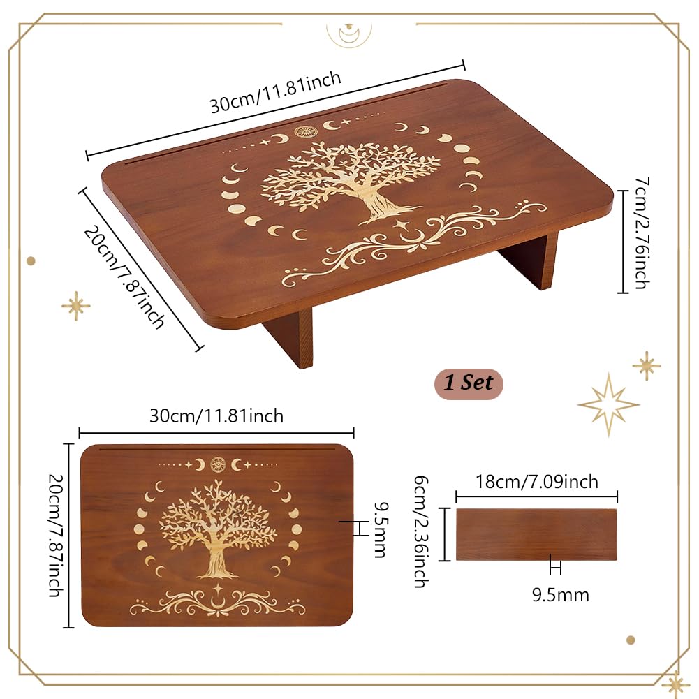 Altar Table 7.8"x11.8"x2.7" Rectangle Wooden Meditation Table Engraved Moon Tree of Life Patterns Wiccan Tables for Room Engraved Mystic Decor Witchcraft Supplies Buddhist Alter (11.8x7.8 inch)
