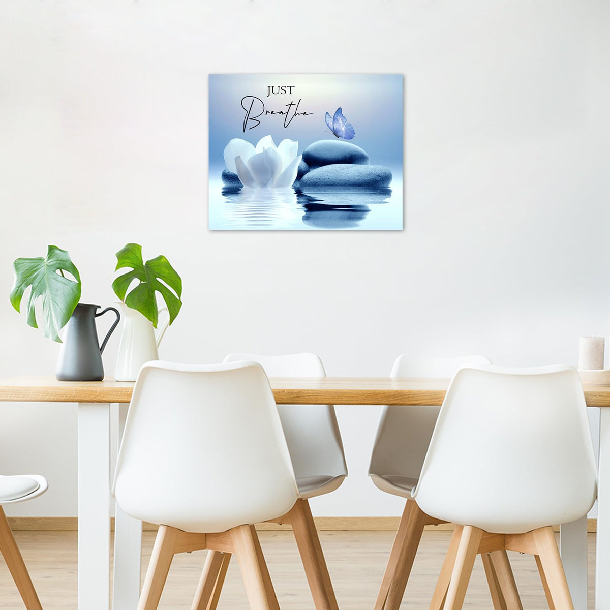 Zen Wall Art for Bathroom Butterfly and White Water Lily Flower on Blue Canvas Wall Art Wall Paintings Home Decor Modern Wall Pictures for Living Room Bedroom Office Ready To Hang (Blue / 16"L x 20"W)
