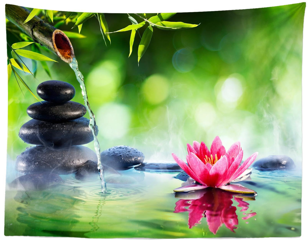 Zen Garden Tapestry 106''x70'' Green Bamboo Zen Stones Spa Water Lotus Flower Wall Hanging Tapestry Relaxation Bamboos Candles for Home Bedroom Living Room Dorm Decor (106"L x 70"W / T1-A18416)