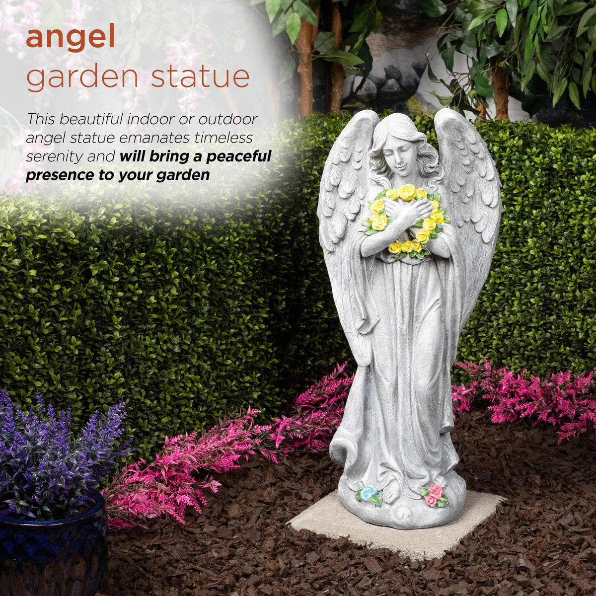 MCC832 Angel with Yellow Flower Wreath Statue (29" H - Multicolor Angel)