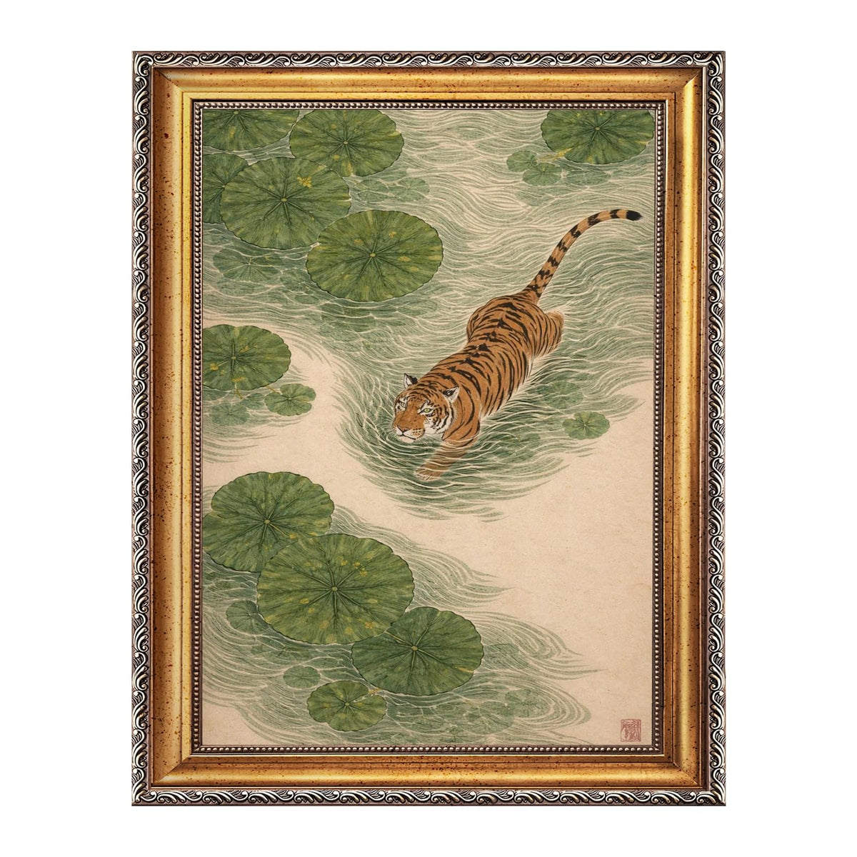 Japanese Tiger Wall Art Prints Vintage Asian Pond Painting Zen Nature Animals Posters Tiger in Lotus Pond Artwork Oriental Animal Nature Wall Decor for Living Room Bedroom 16x24inch Golden frame (style-5 Golden frame / 16"L x 24"W)