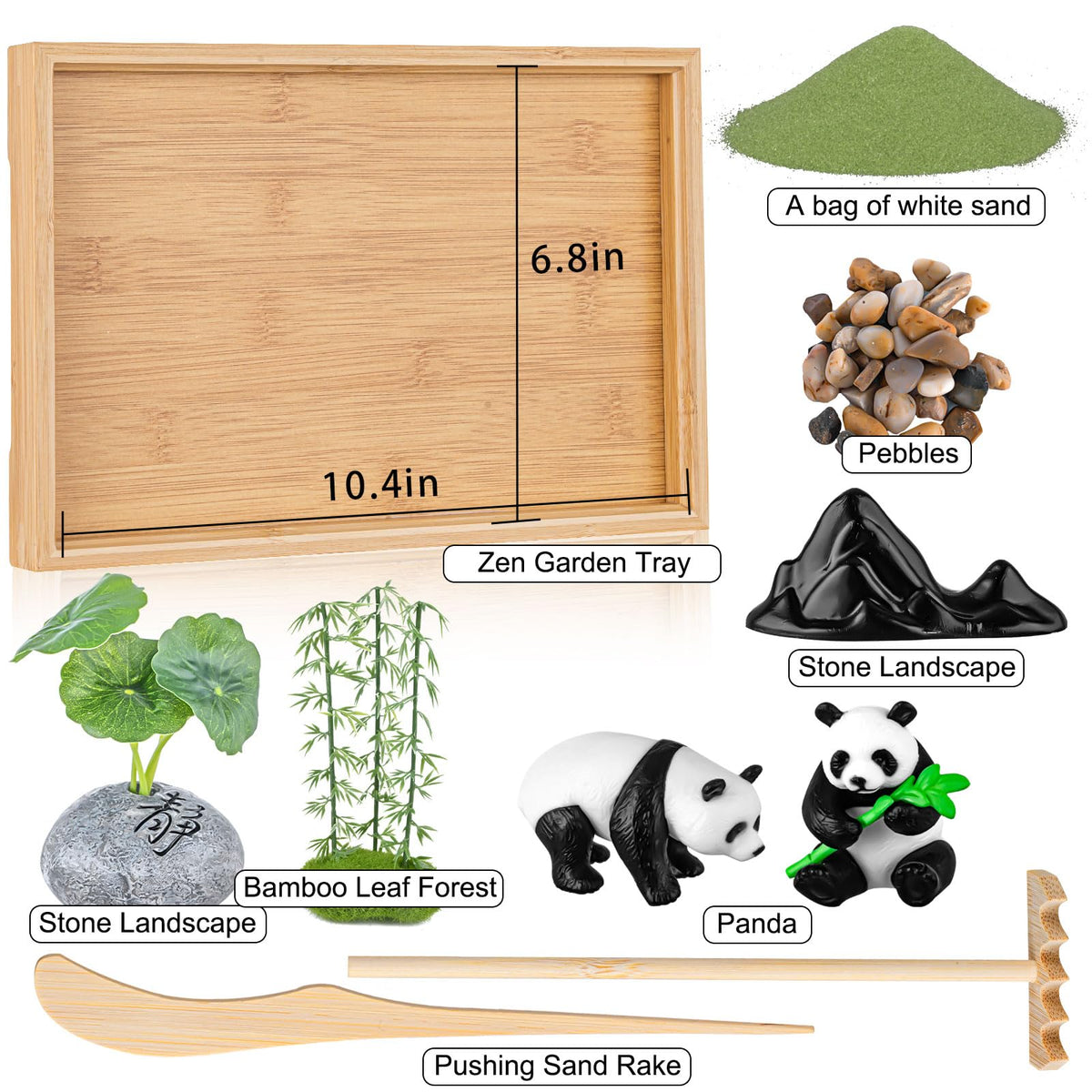 Zen Garden Kit for Desk 11''x7.5'' Room Decor with Green Sand (Panda Bamboo)