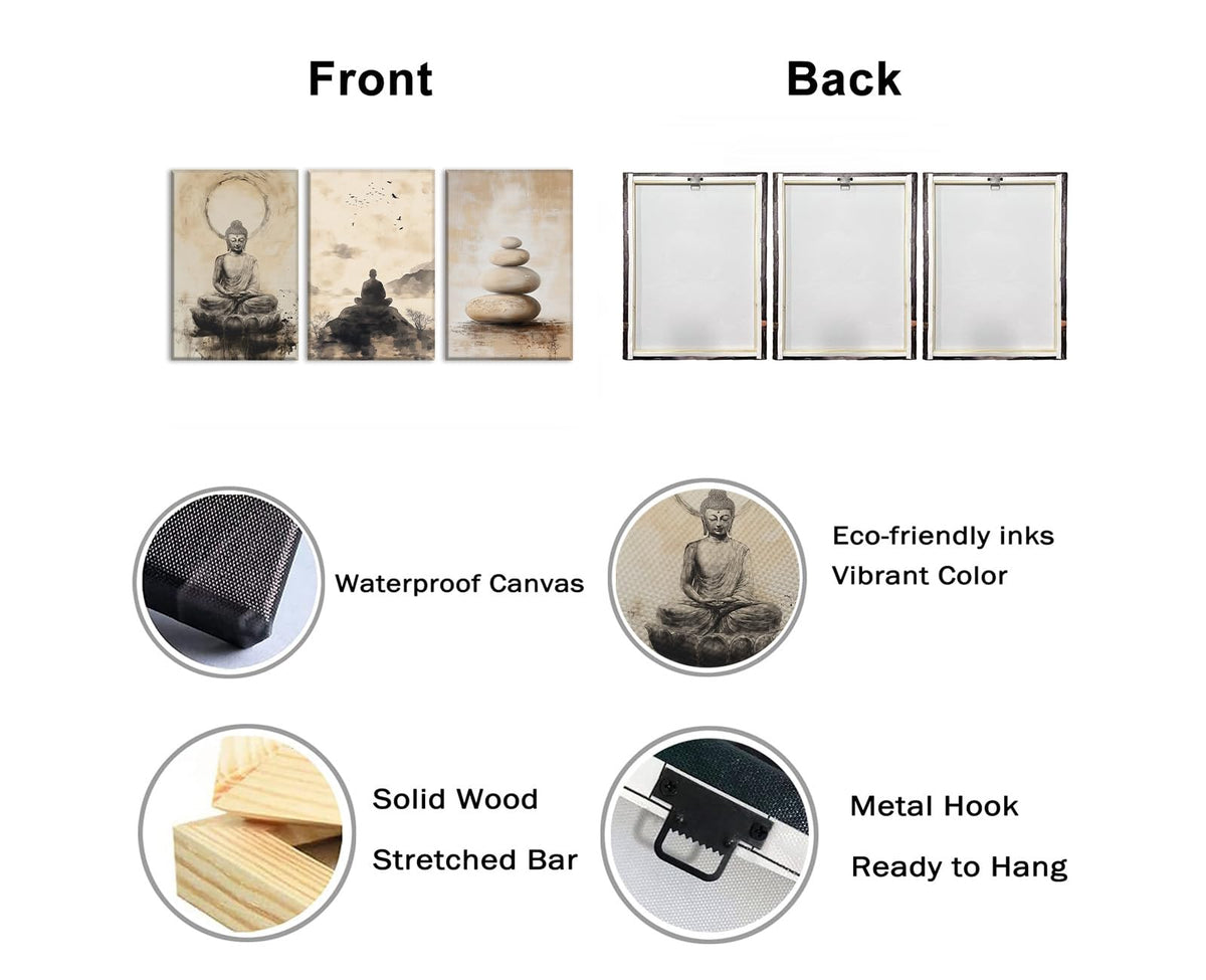 Zen Canvas Wall Art 3Pcs Buddha Picture Spa Stones Painting Vintage Prints Meditation Spiritual Artwork for Living Room Yoga Room Bathroom Home Decor Framed (Zen-7 / 16.00"x24.00"x3P)