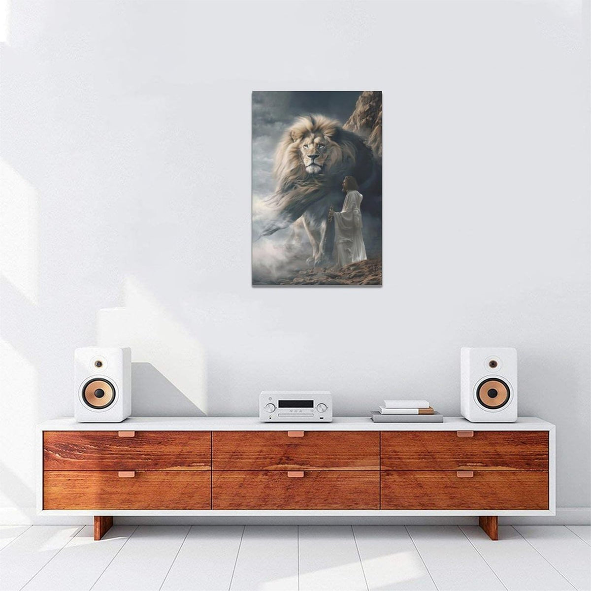 Jesus And Lion Wall Decor Christian Lion of Judah Pictures Christ Religious Canvas Wall Art God Painting Home Modern Artwork Framed for Church Living Room Bedroom Bathroom Office 16 x 24 inch (24"L x 16"W / Lion Jesus)