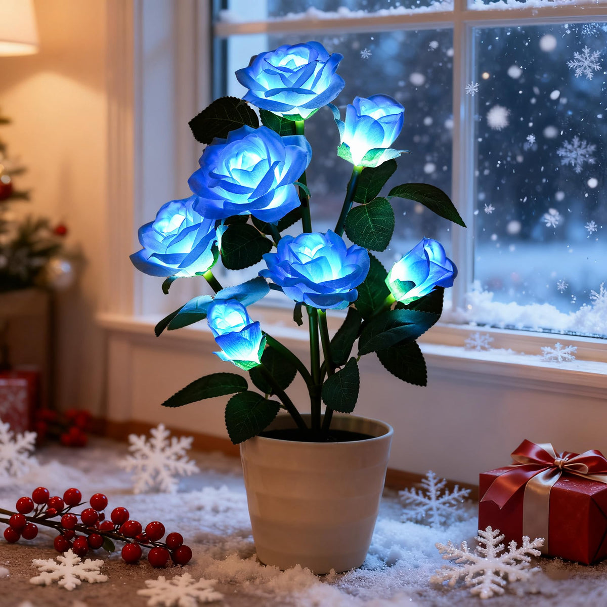 Blue Rose Flower Lamp Romantic Floral Table Decor Gifts for Women Mom (Rose-Blue)