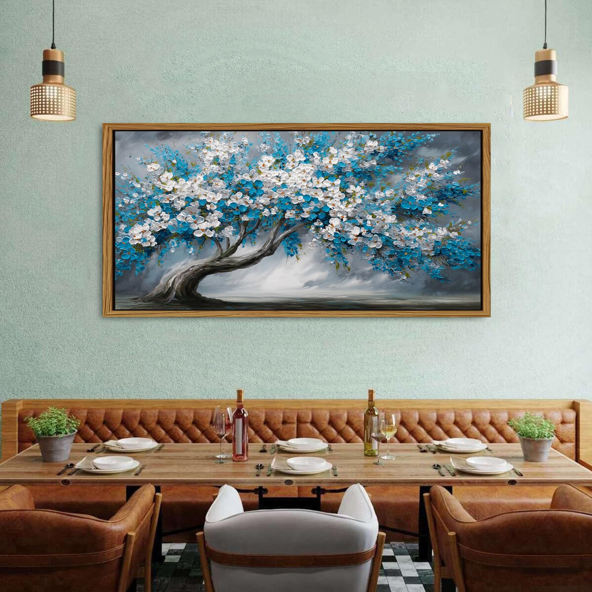 Abstract White Daisy Flower Framed Wall Art Colorful Tree Wall Decor Nature Navy Blue Botanical Painting Rustic Farmhouse Pictures Posters Modern Artwork for Bedroom Living Room Decorations 30x57.8 (30"L x 57.8"W / Blue White Tree)