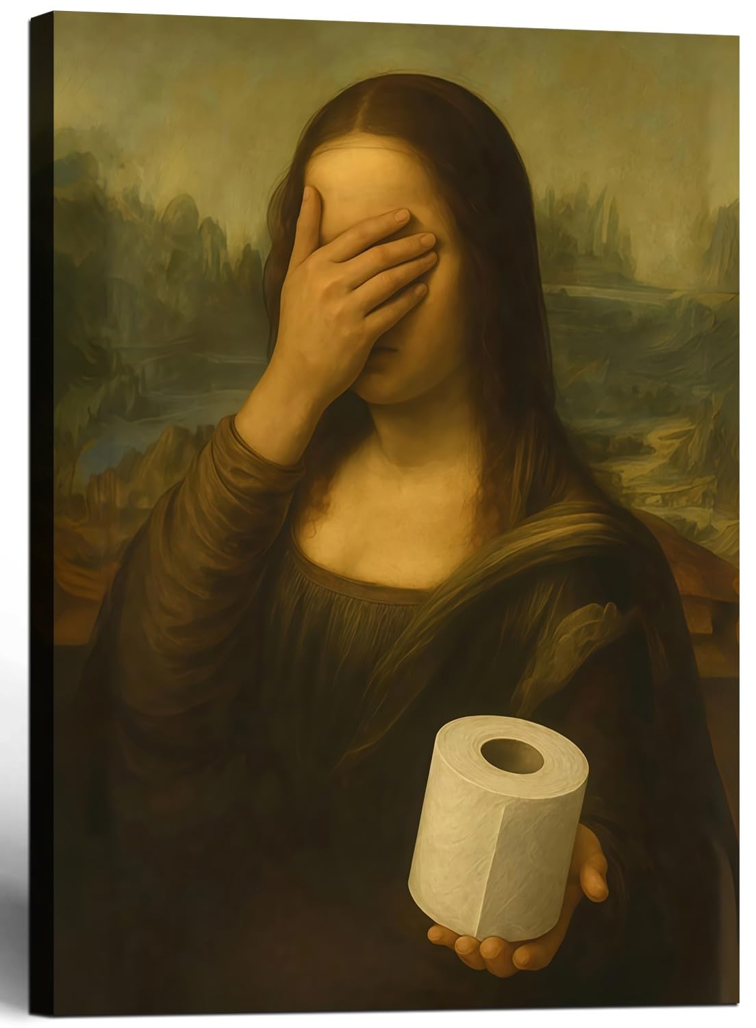 Funny Mona Lisa Bathroom Canvas Wall Art Parody World Famous Paintings Poster Print Modern Bathroom Paintings Humor Painting Gallery Wrap Bathroom Wall Decor Framed 12x16 Inch Ready to Hang (Funny Mona Lisa-2 / 12"L x 16"W)
