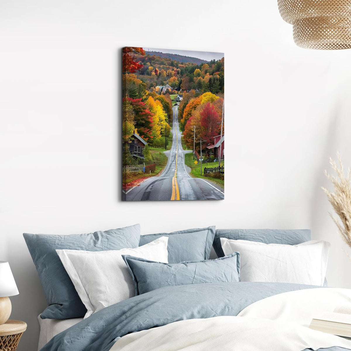 Country Scenery Bathroom Wall Art Red Maple Tree Road Scenic Canvas Prints Rustic Highway Landscape Picture Panorama Posters Tropical Natural Painting Fall Farmhouse Office Artwork Wall Decor 16"x24" (24"L x 16"W / FallRoad)