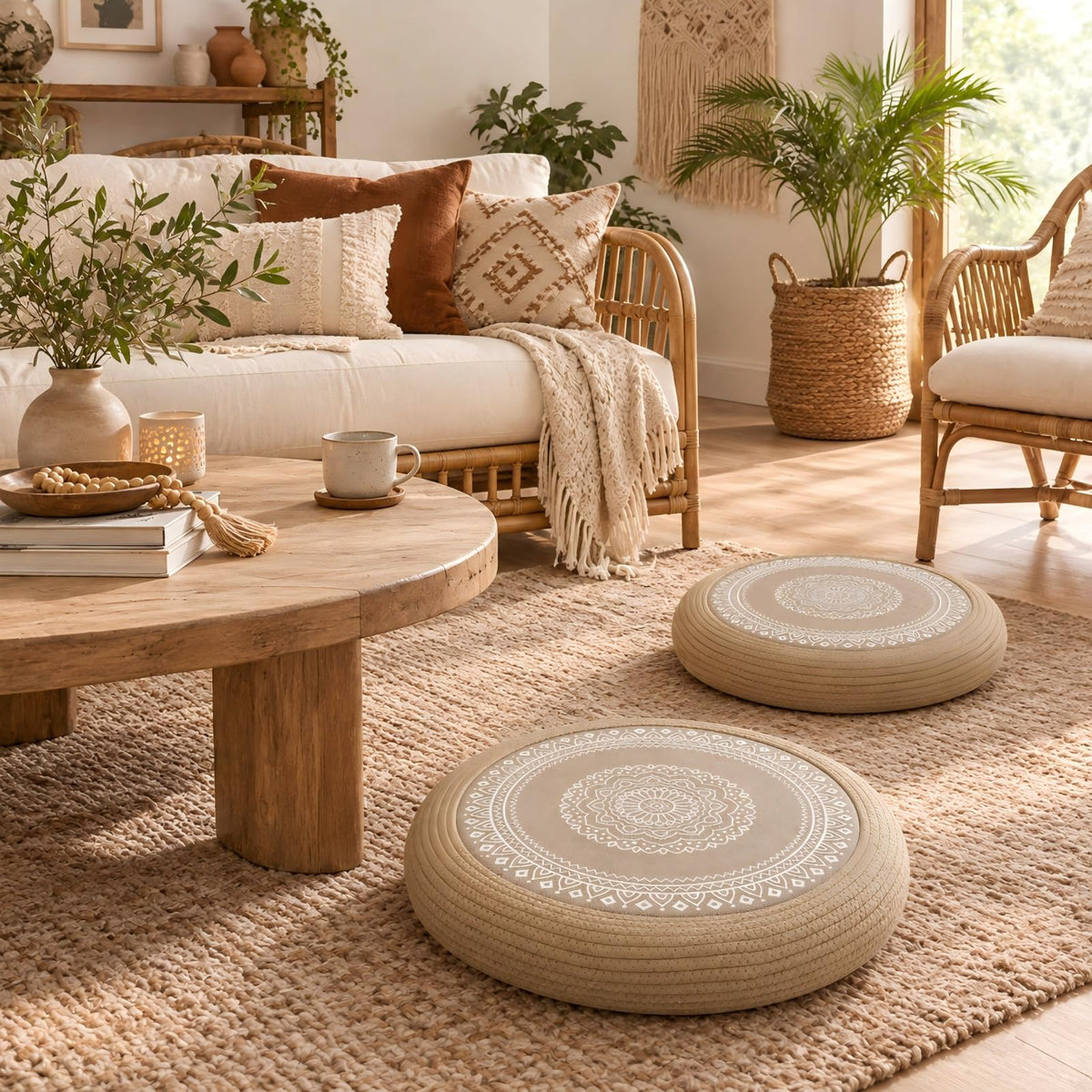 Handwoven Jute Pouf Ottoman (Yellow Brown White / 19.7"D x 19.7"W x 3.9"H)