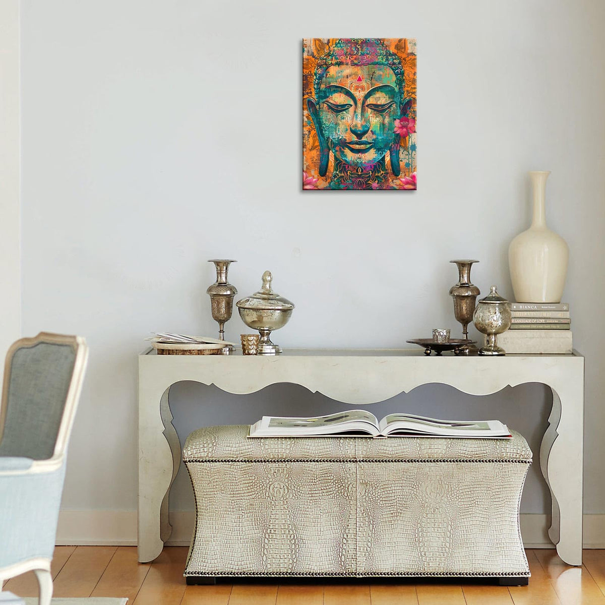 Buddha Wall Art Decor Small Laughing Painting with Lotus and Gold Leaf Buddha Pictures for Living Room Zen Wall Decor Meditation Room Religious Bedroom Yoga Home Decorations Framed 12X16inches (16"L x 12"W / Buddha)