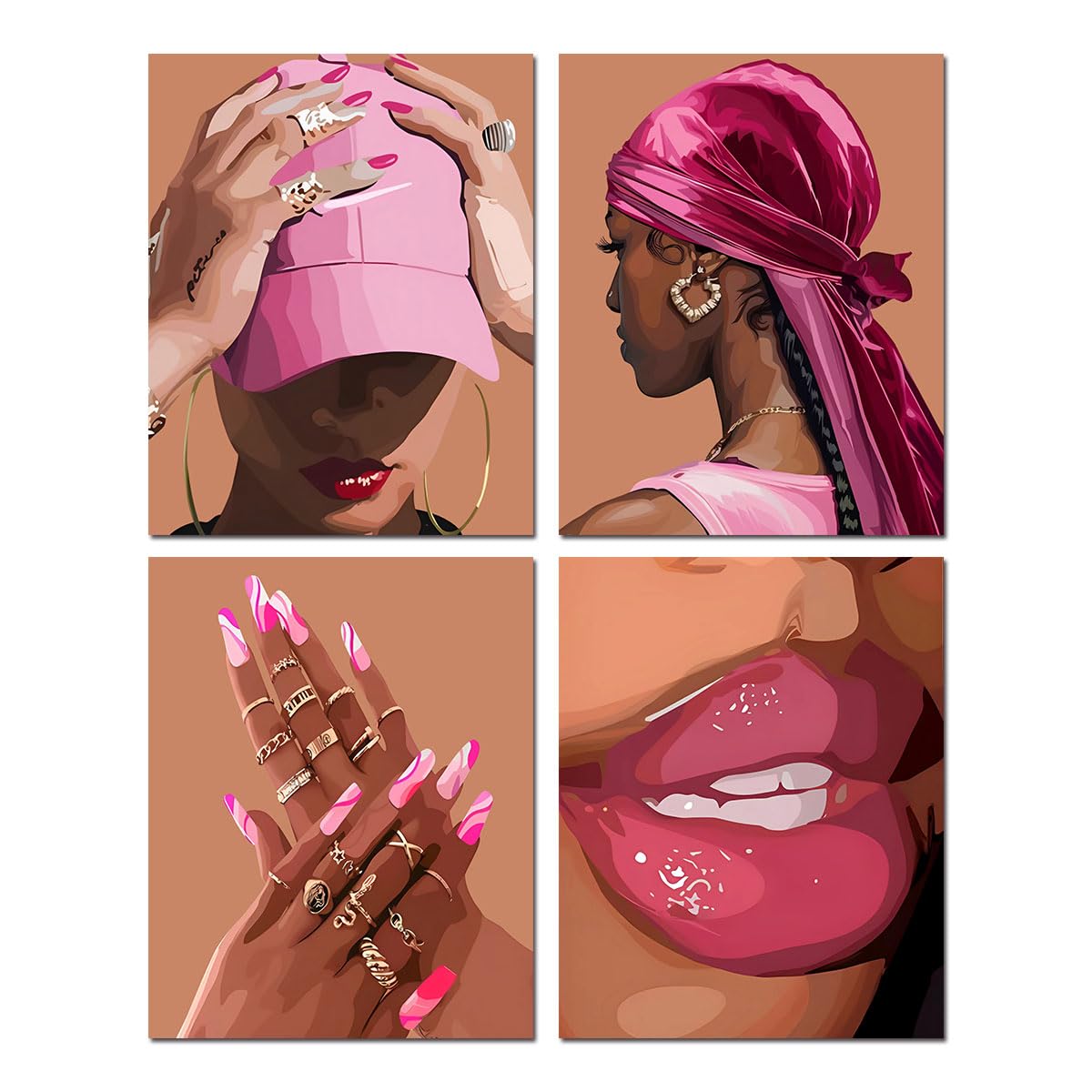 Pink Girl Bedroom Wall Decor (Unframed 8"x10" Black Women Wall Art Set of 4)