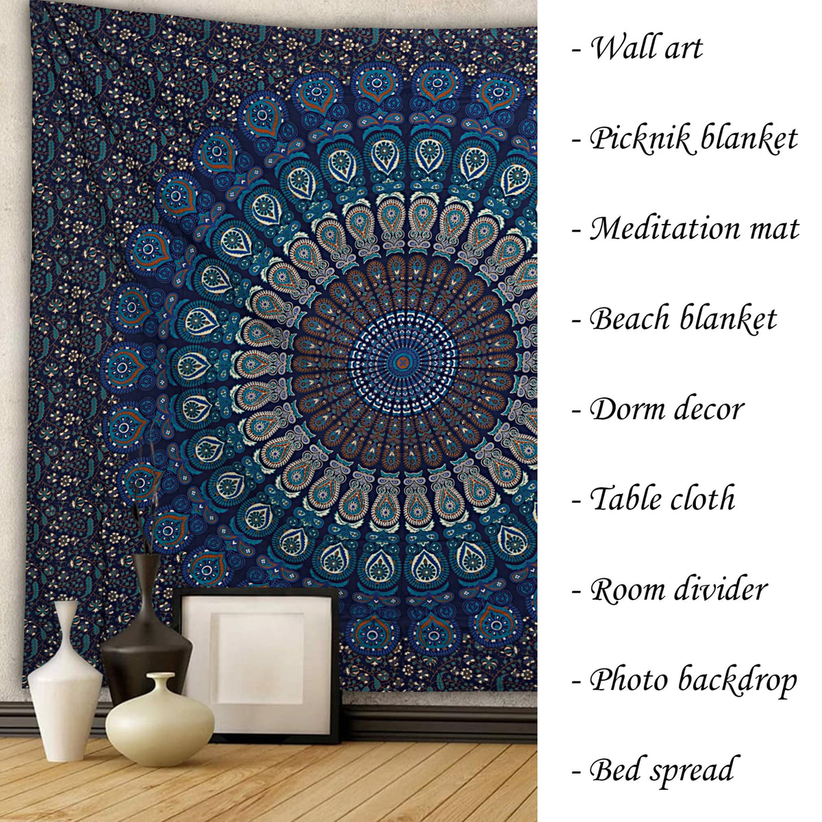 Handmade Cotton Peacock Mandala Tapestry (40"L x 30"W / Navy Blue)