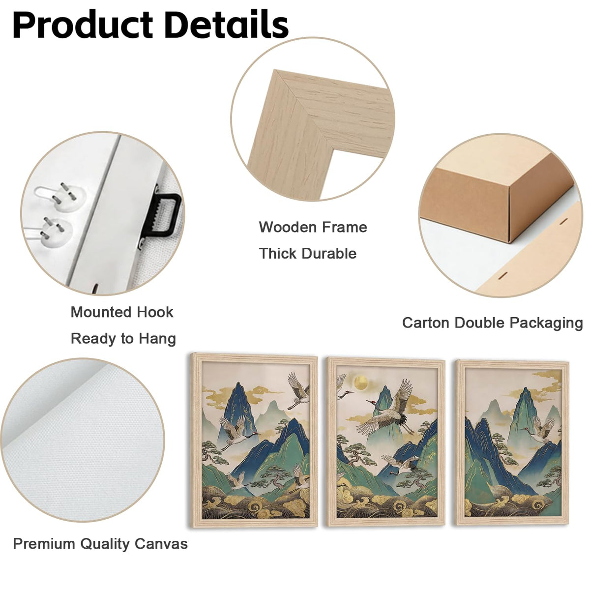 Framed 3Pcs Japanese Crane Canvas Wall Art (white / 24"L x 16"W)