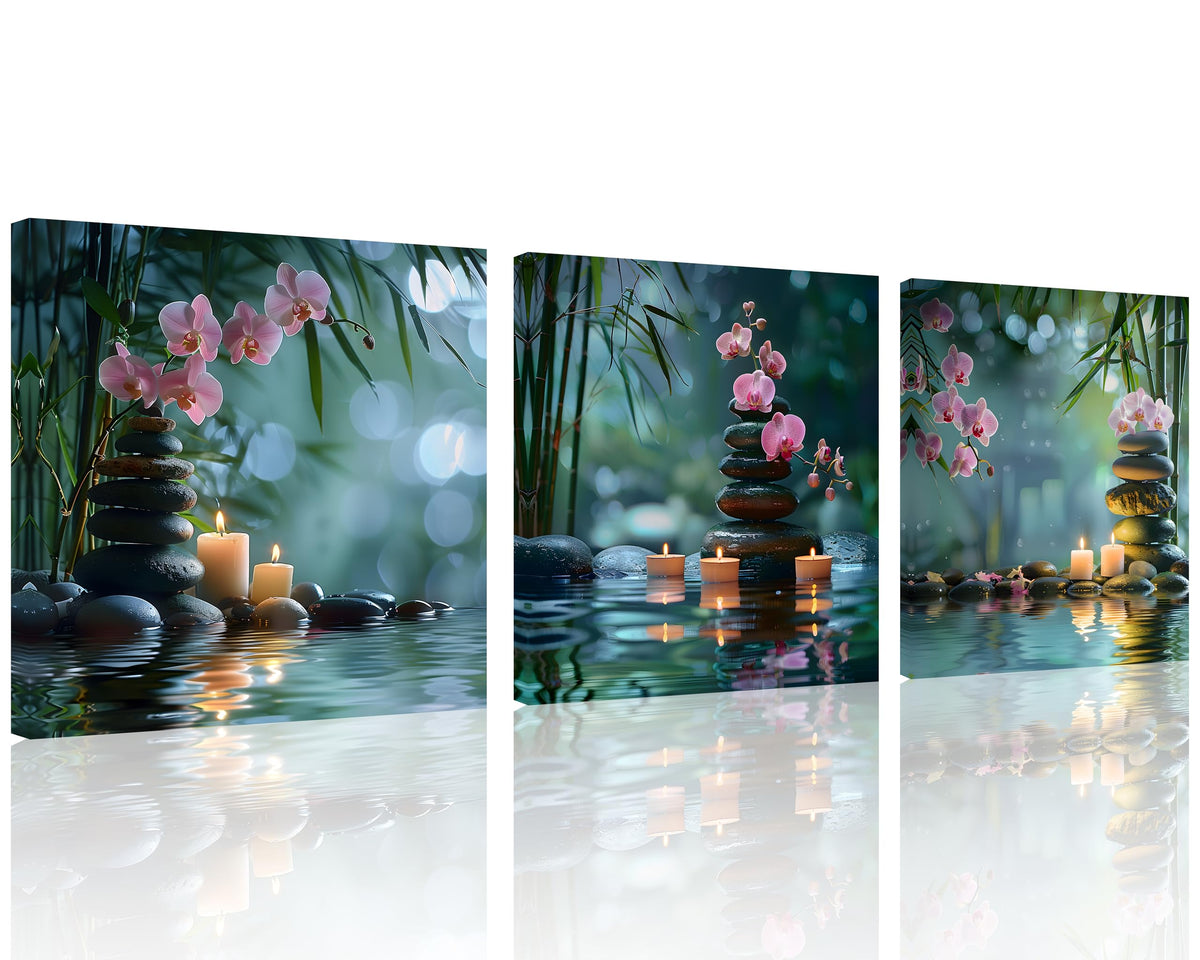 3 Panels Zen Canvas Wall Art Zen Art Green Bamboo Candle Orchid in Water Pictures Spa Artwork for Bathroom Spa Pictures for Home Decor Wall Decoration Ready to Hang Each Panel 20x20inch (20x20inchx3 / Pink Zen 4)