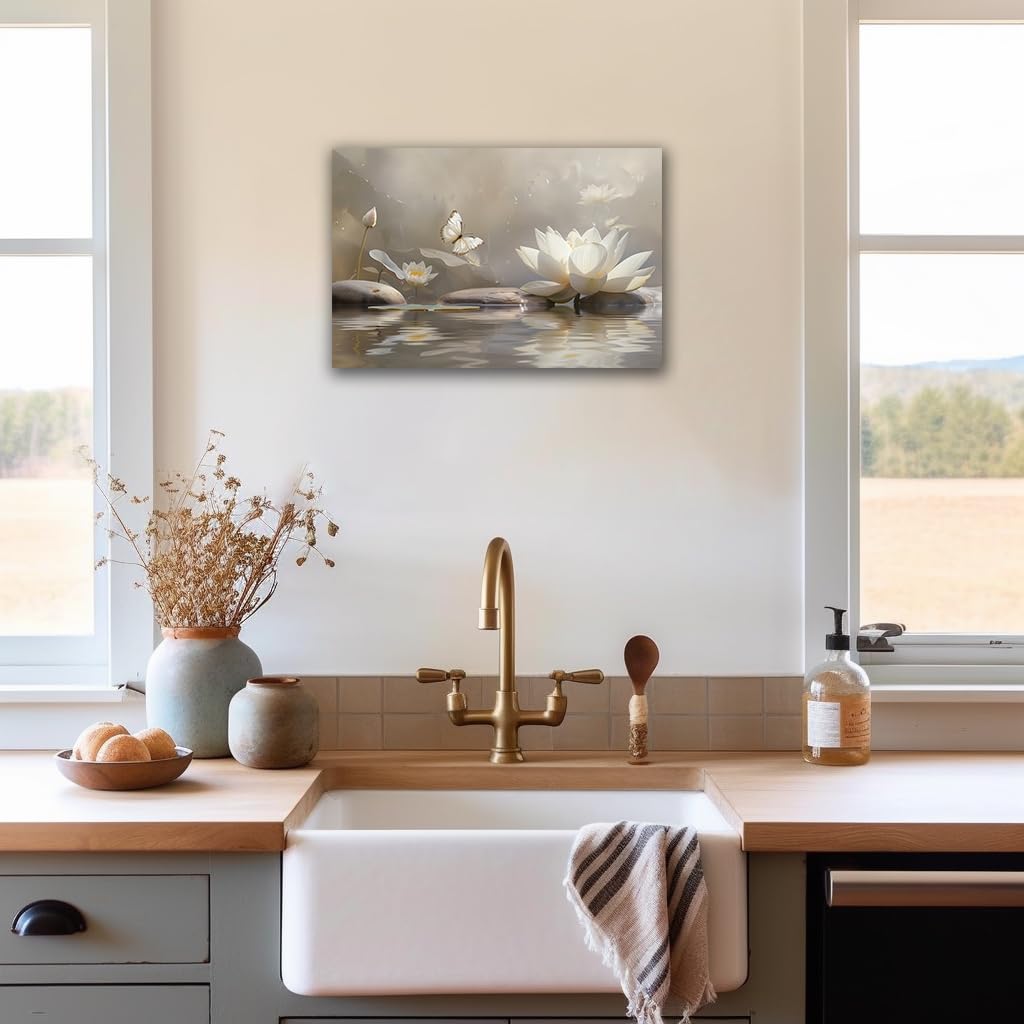 Zen Wall Art White Lotus Flower Canvas Art Print for Spa Bathroom Decor (Zen Stones Canvas Frame-18 / 18"L x 12"W)