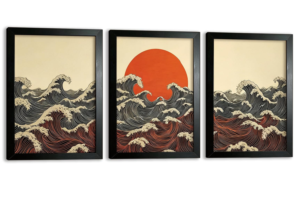 Framed 3D 3Pcs Japanese Canvas Wall Art (red sun / 24"L x 16"W)