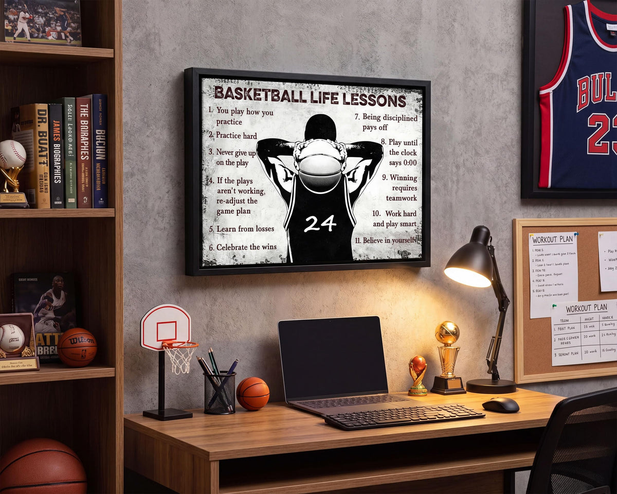 Black Framed Basketball Life Lessons Canvas Wall Art 16x24in (Basketball inspiration / 24"L x 16"W)