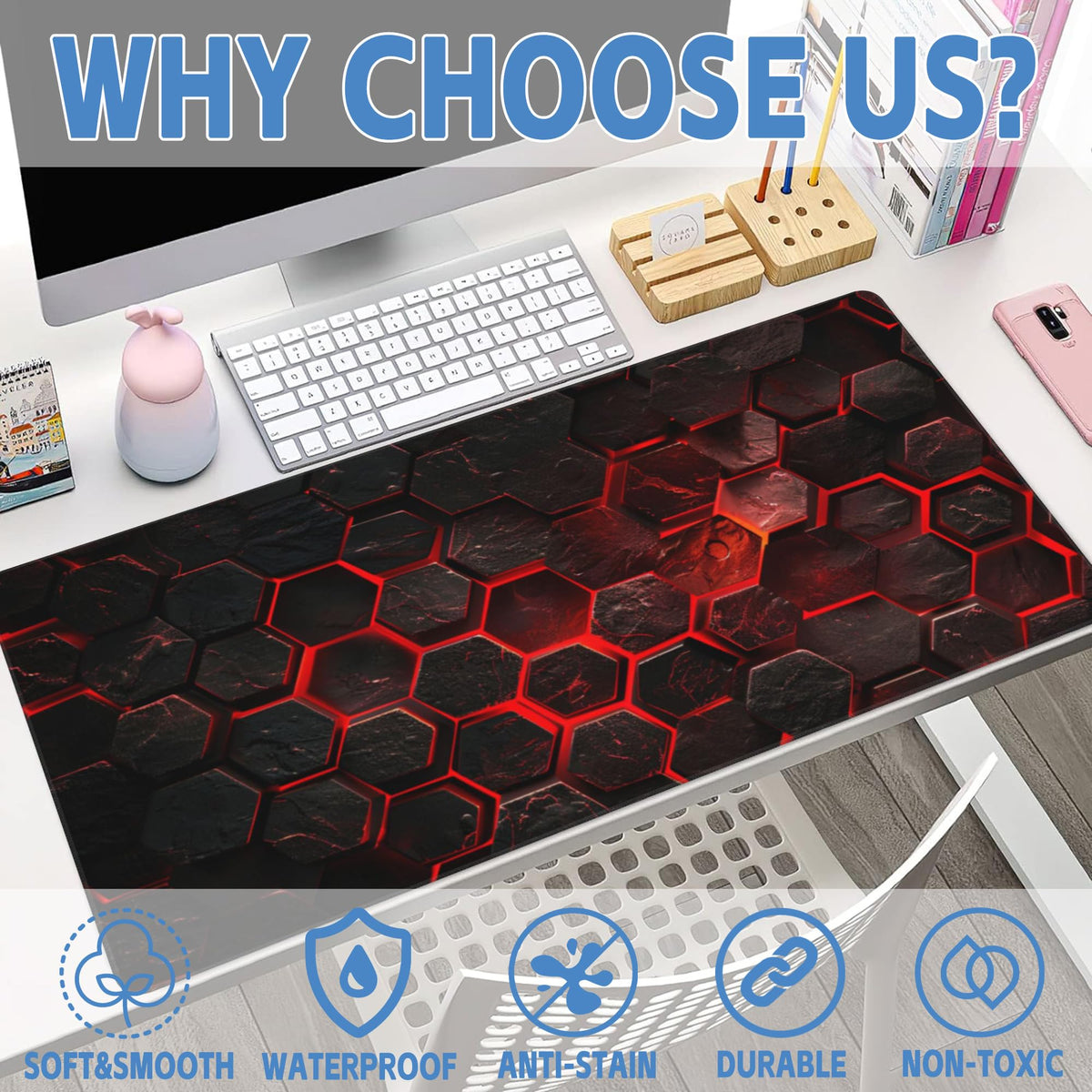 Large Gaming Mouse Pad for Desk (15.7" x 35.4" / Red Honeycomb Science Technology)